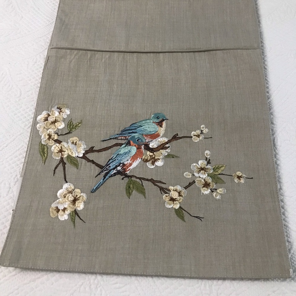 Wellesley Manor Tan Linen Table Runner with Embroidered Birds/Dogwood Tree. NWOT - Picture 8 of 16